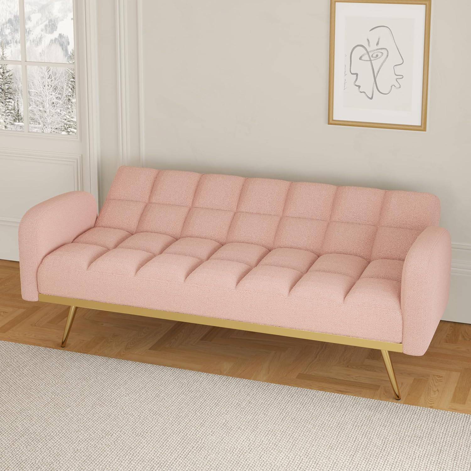 Pink Convertible Sleeper Loveseat Sofa 2-in-1 Adjustable Bed Futon Recliner with 2 Throw Pillows W7367