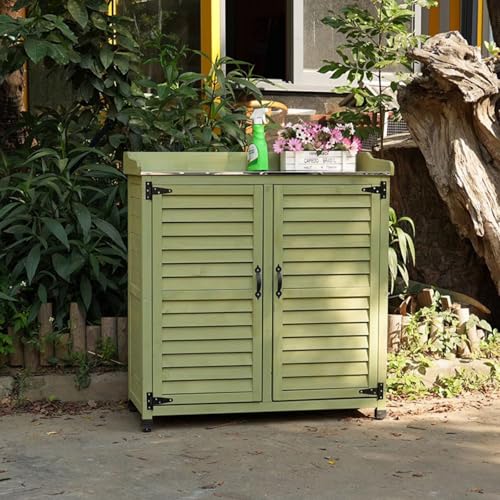 Green Outdoor Potting Bench with Metal Top and Wooden Storage Cabinet Z3664
