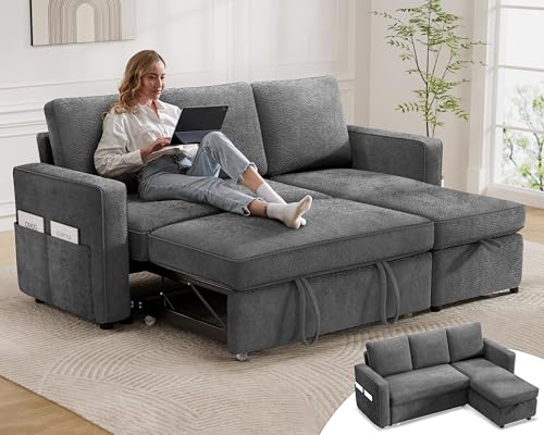 81" Chenille Grey L Shaped Sleeper Sofa with Pull Out Bed J204698