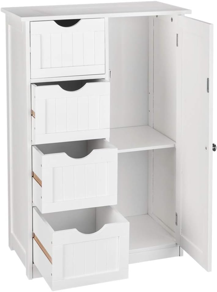 White 4 Drawer Single Door Bathroom Floor Cabinet S57671