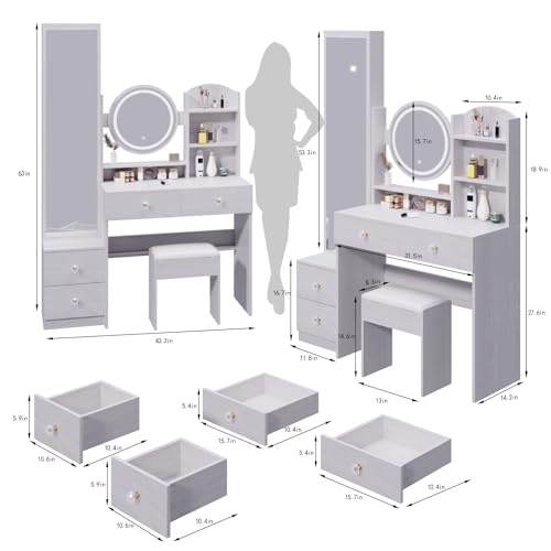 White Oak Makeup Vanity Set with Mirror and Stool L981