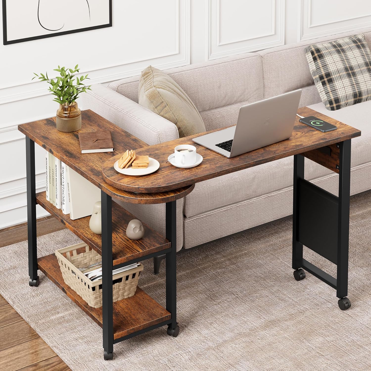 360° Rotating Sofa Side Table with Charging Station P1125