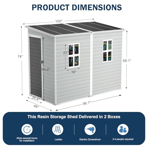 8x6 FT Resin Outdoor Storage Shed with Floor & Lockable Door & 2 Windows, Dove Grey Y58879