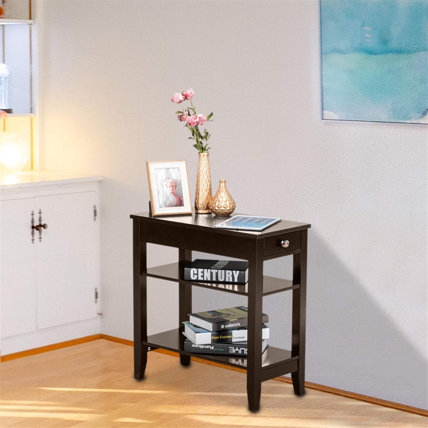 Brown End Table with Drawer, 2-Tier Open Storage Shelves, 11.2" L x 23.62" W x 24" H D5825