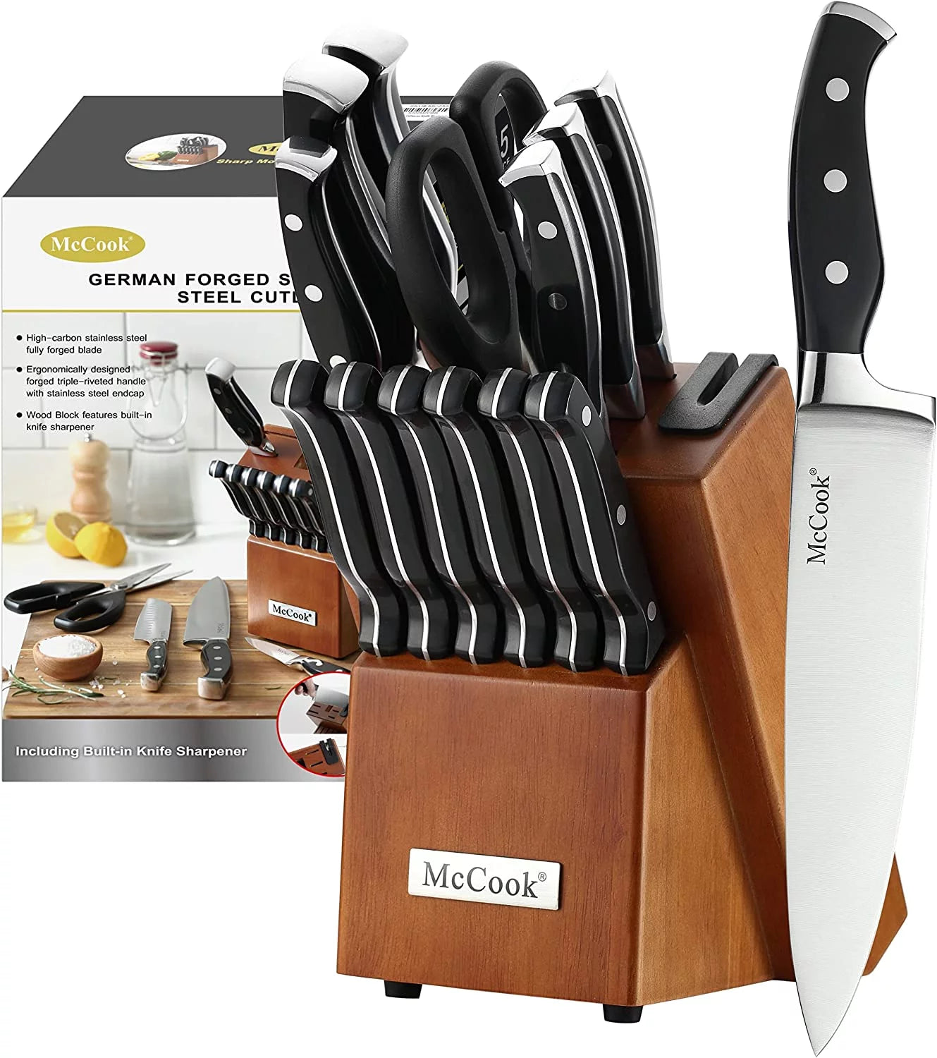 15 Pieces Kitchen Knife Block Set with Built-in Sharpener Q156