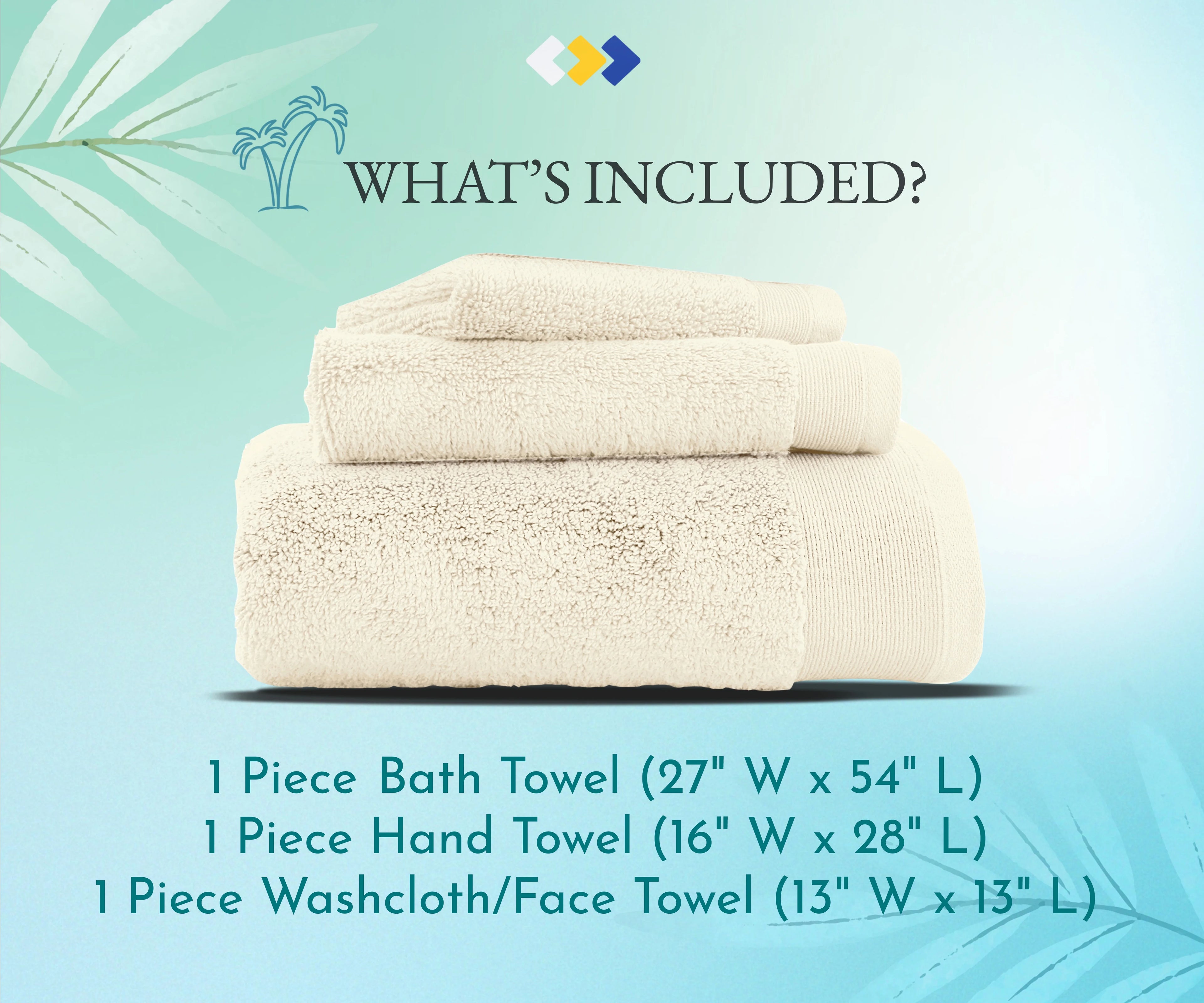 100% Cotton Bath Towel Set - 1 Bath Towel, 1 Hand Towel, 1 Wash Cloth (Ivory) T202