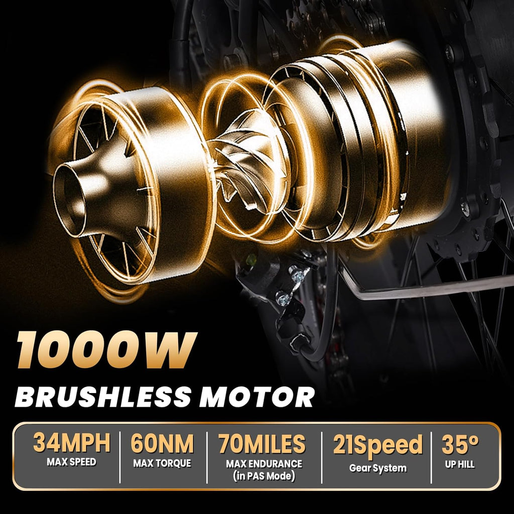Electric Bike 1000W Brushless Motor 34MPH 17.5AH 840WH Battery 70 Miles 21-Speed Gears N90066