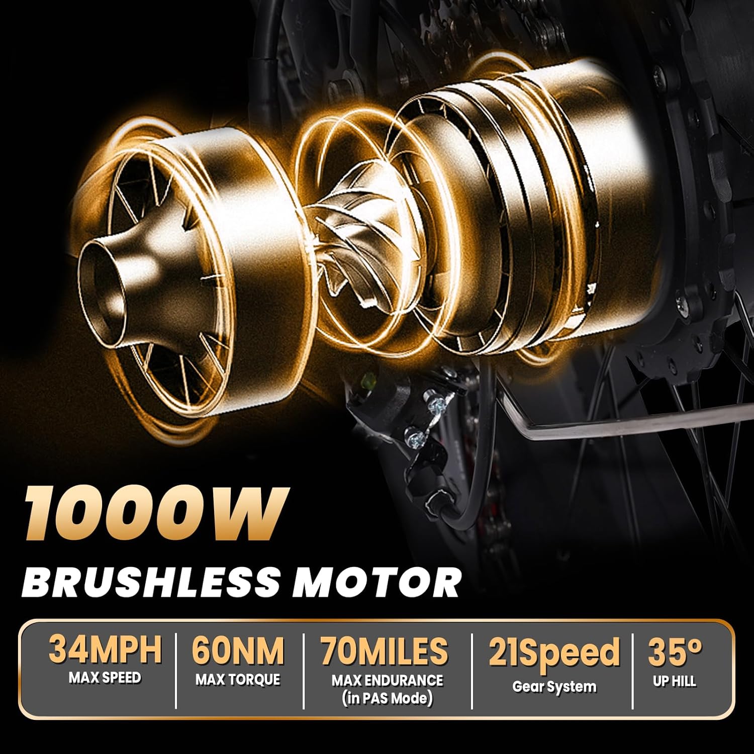 Electric Bike 1000W Brushless Motor 34MPH 17.5AH 840WH Battery 70 Miles 21-Speed Gears N90066