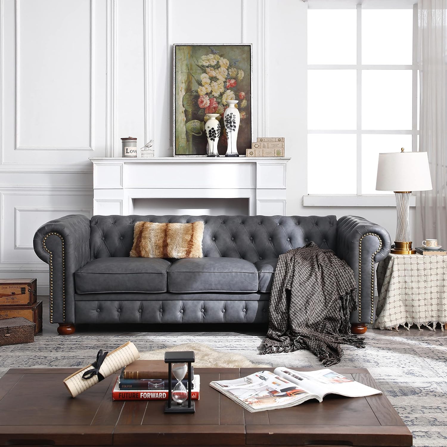 Dark Grey Faux Leather Chesterfield Sofa R3673