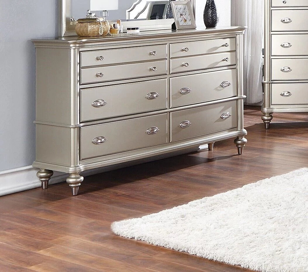 4pc Silver Eastern King Size Bed Dresser Mirror Nightstand Furniture N7889