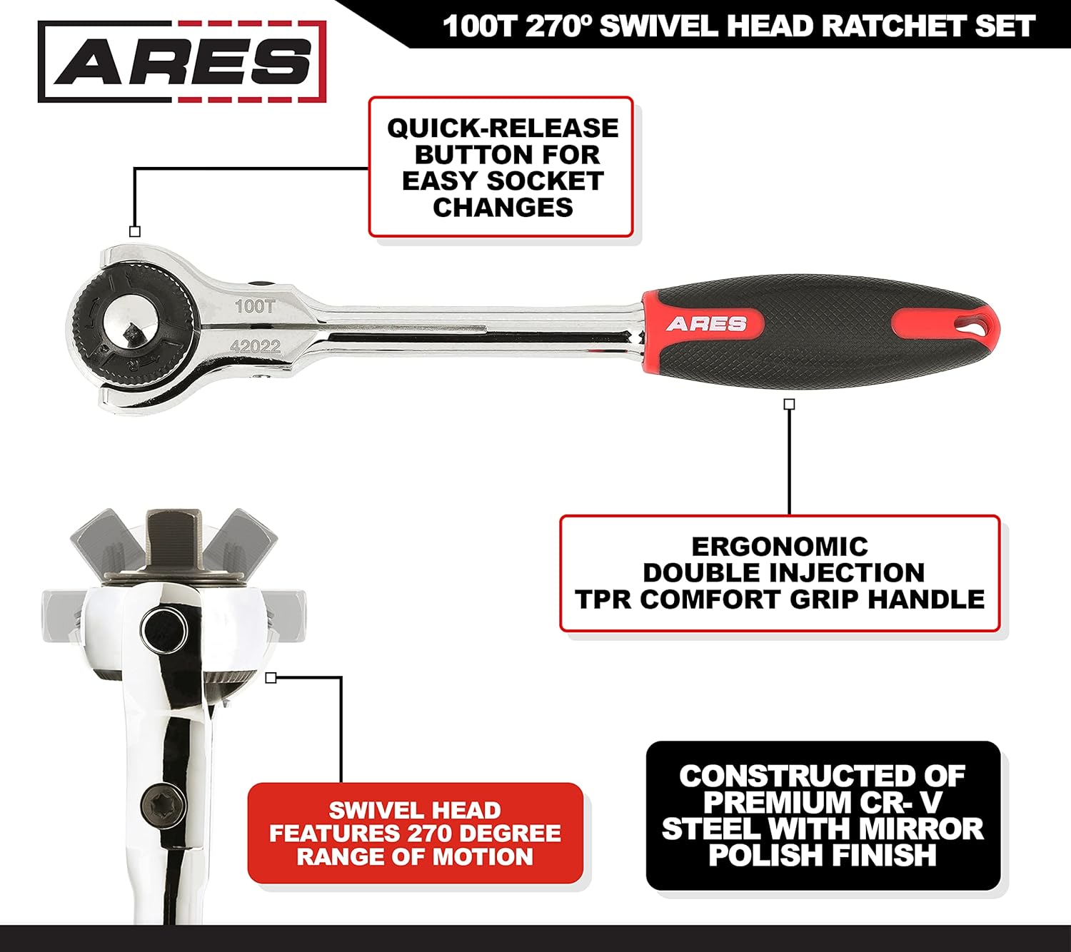 3-Piece 100-Tooth Swivel Head Ratchet Set with Comfort Grip TPR Handles and EVA Foam Storage Tray E71507