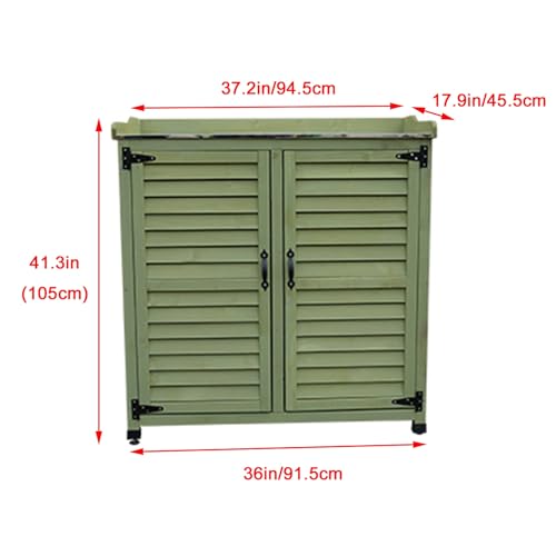 Green Outdoor Potting Bench with Metal Top and Wooden Storage Cabinet Z3664