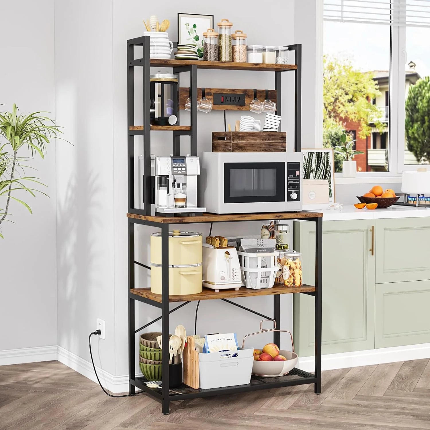 5-Tier Metal Bakers Rack with Power Outlet, Rustic Brown L389