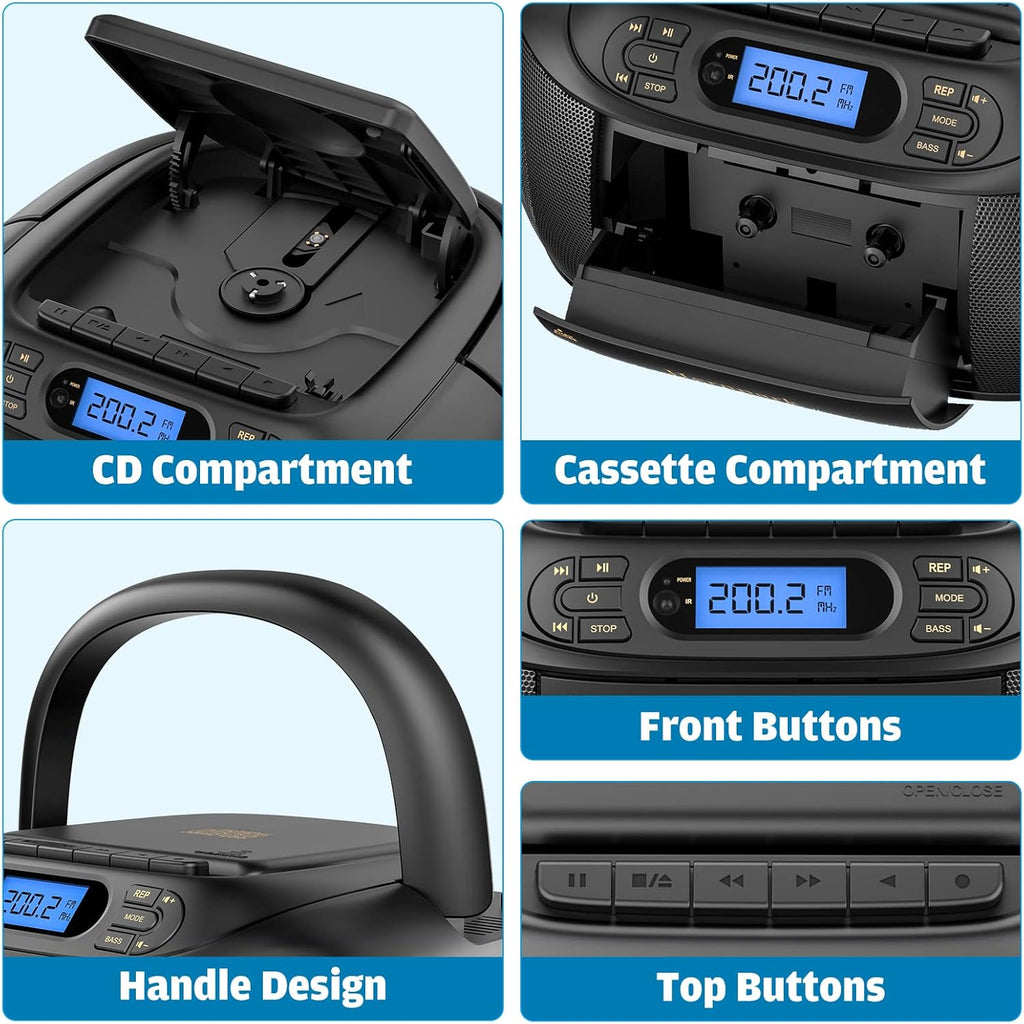 CD Cassette Player Combo Boombox with Bluetooth 5.1, FM Radio, Stereo Sound Q6593