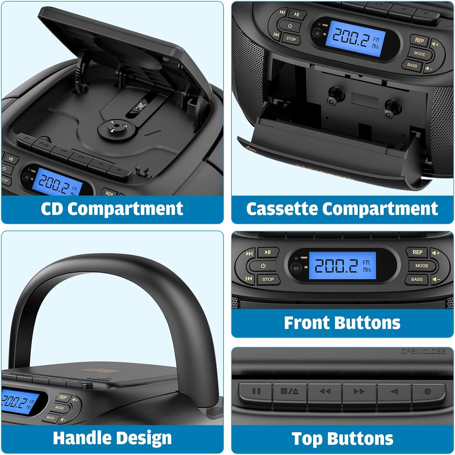 CD Cassette Player Combo Boombox with Bluetooth 5.1, FM Radio, Stereo Sound Q6593