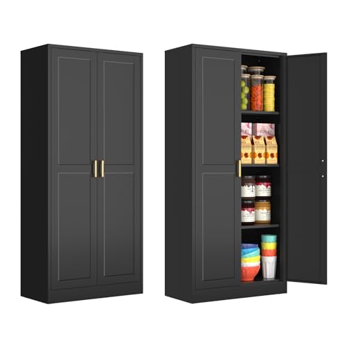 Black 60 Inch Tall Metal Pantry Cabinet with Doors and Shelves P114