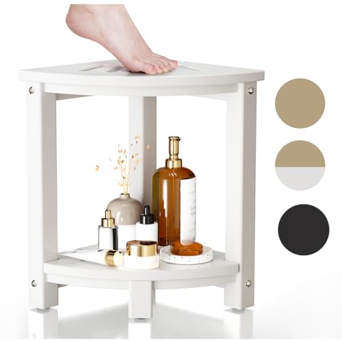 White HDPE Corner Shower Stool with Storage Shelf H29917