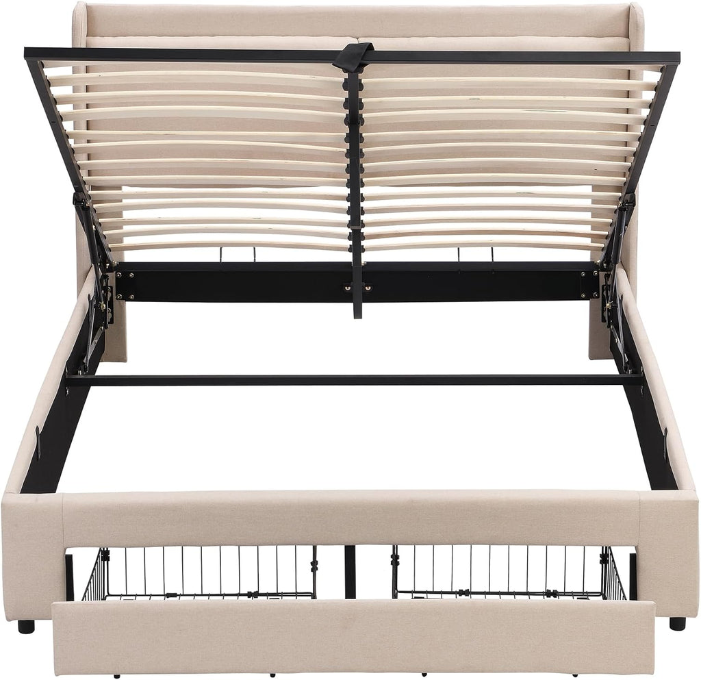 Beige Queen Size Platform Bed Frame with Lift Up Storage and 2 Drawers E7894