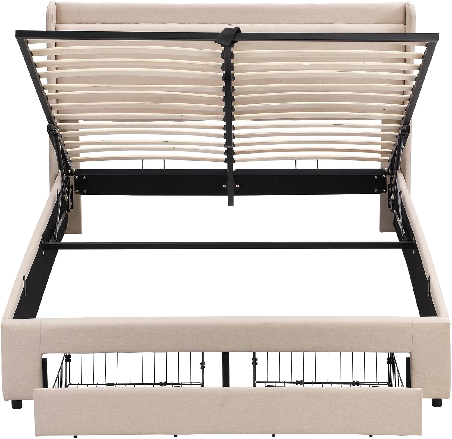 Beige Queen Size Platform Bed Frame with Lift Up Storage and 2 Drawers E7894