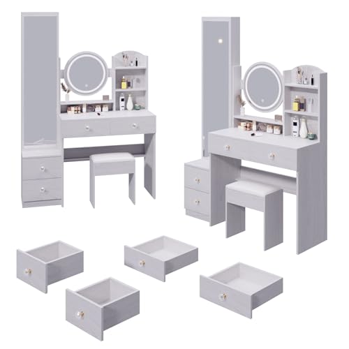 White Oak Makeup Vanity Set with Mirror and Stool L981