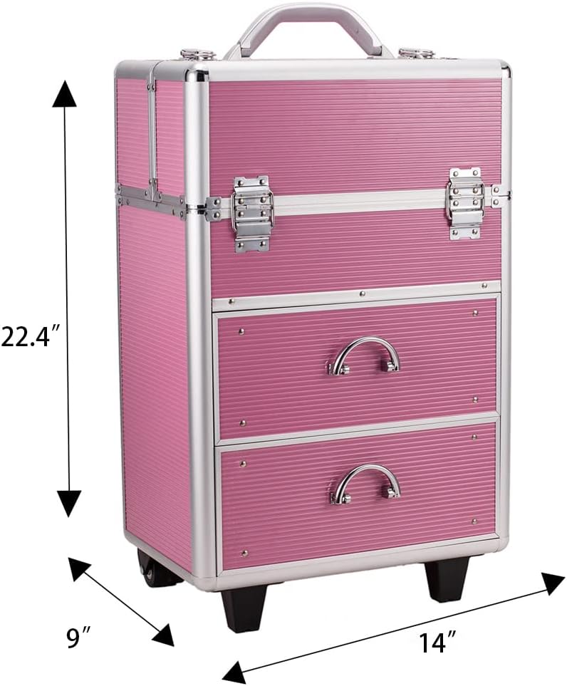 Rolling 4 Tiers Lockable Aluminum Makeup Travel Organizer Cosmetic Case Rose Pink H557