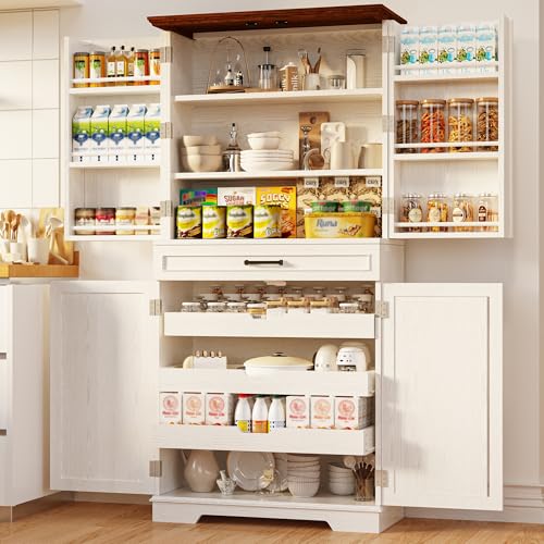 White 72" Tall Freestanding Pantry Cabinet with Sliding Storage Rack and 6 Hanging Shelves C8323