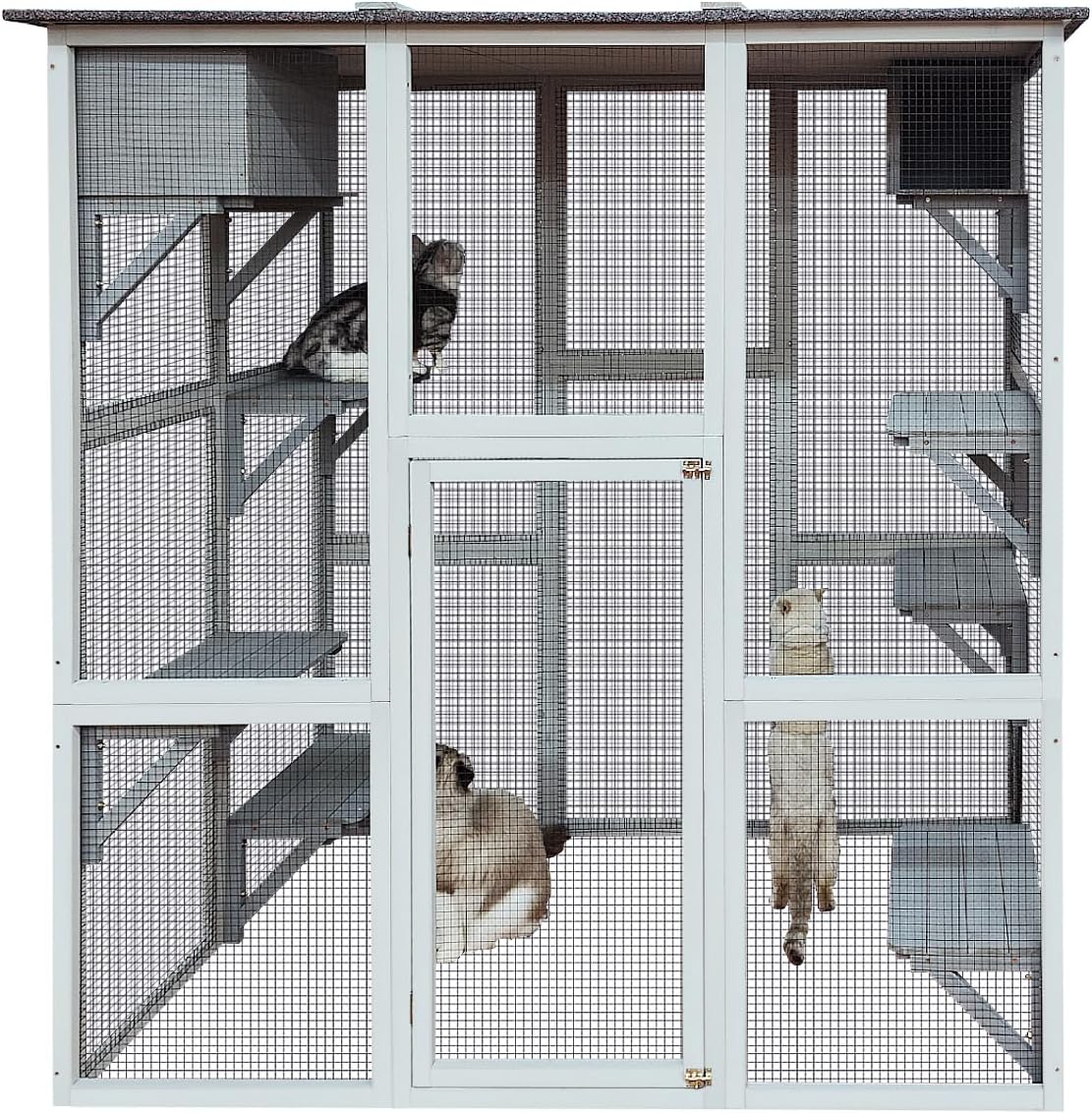 Gray 3-Tier Wooden Cat House with 4 Platforms and 2 Doors Y9166