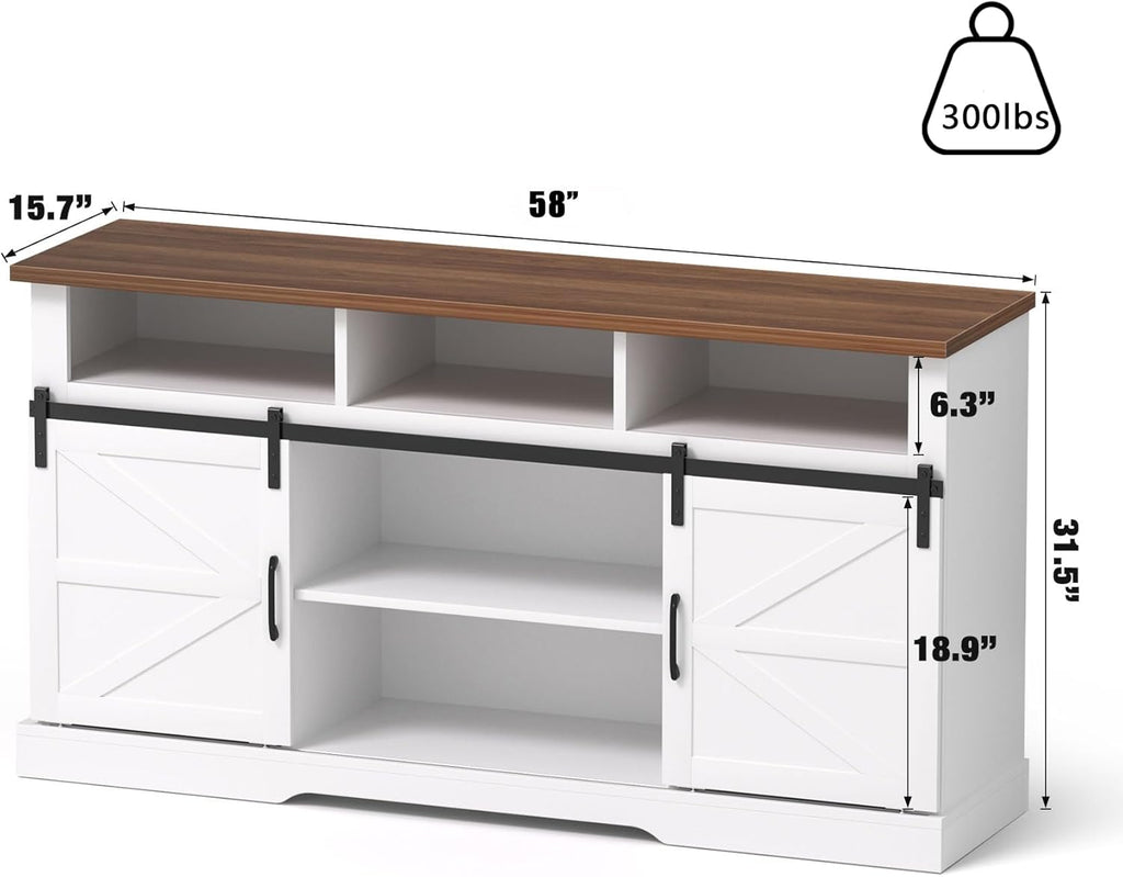 White 58" Coffee Bar Cabinet with Sliding Barn Door and Adjustable Shelf H144