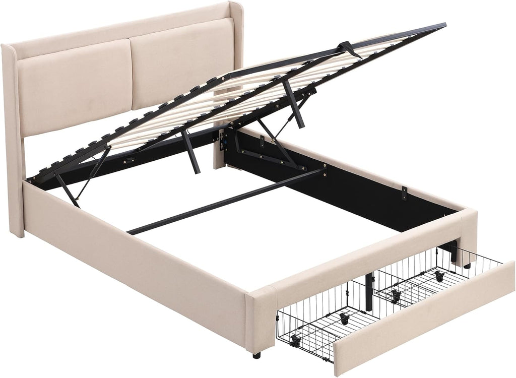 Beige Queen Size Platform Bed Frame with Lift Up Storage and 2 Drawers E7894