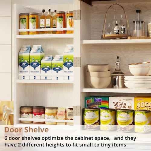 White 72" Tall Freestanding Pantry Cabinet with Sliding Storage Rack and 6 Hanging Shelves C8323