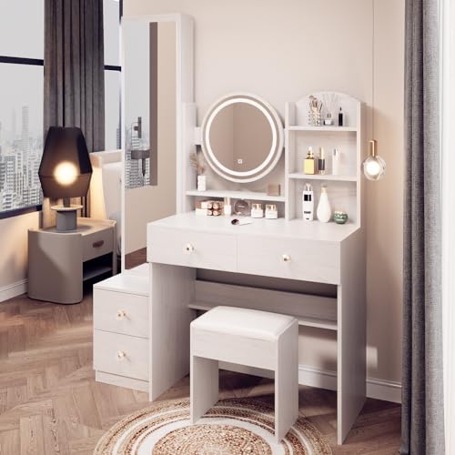 White Oak Makeup Vanity Set with Mirror and Stool L981