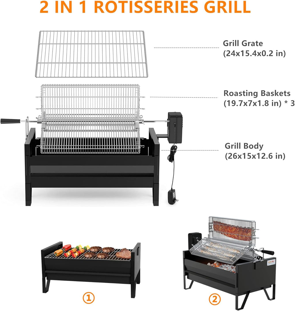 2 IN 1 Charcoal Grill Rotisserie Kit with 3 Stainless Steel Rotating Baskets and 24 In Grill Grate P712961
