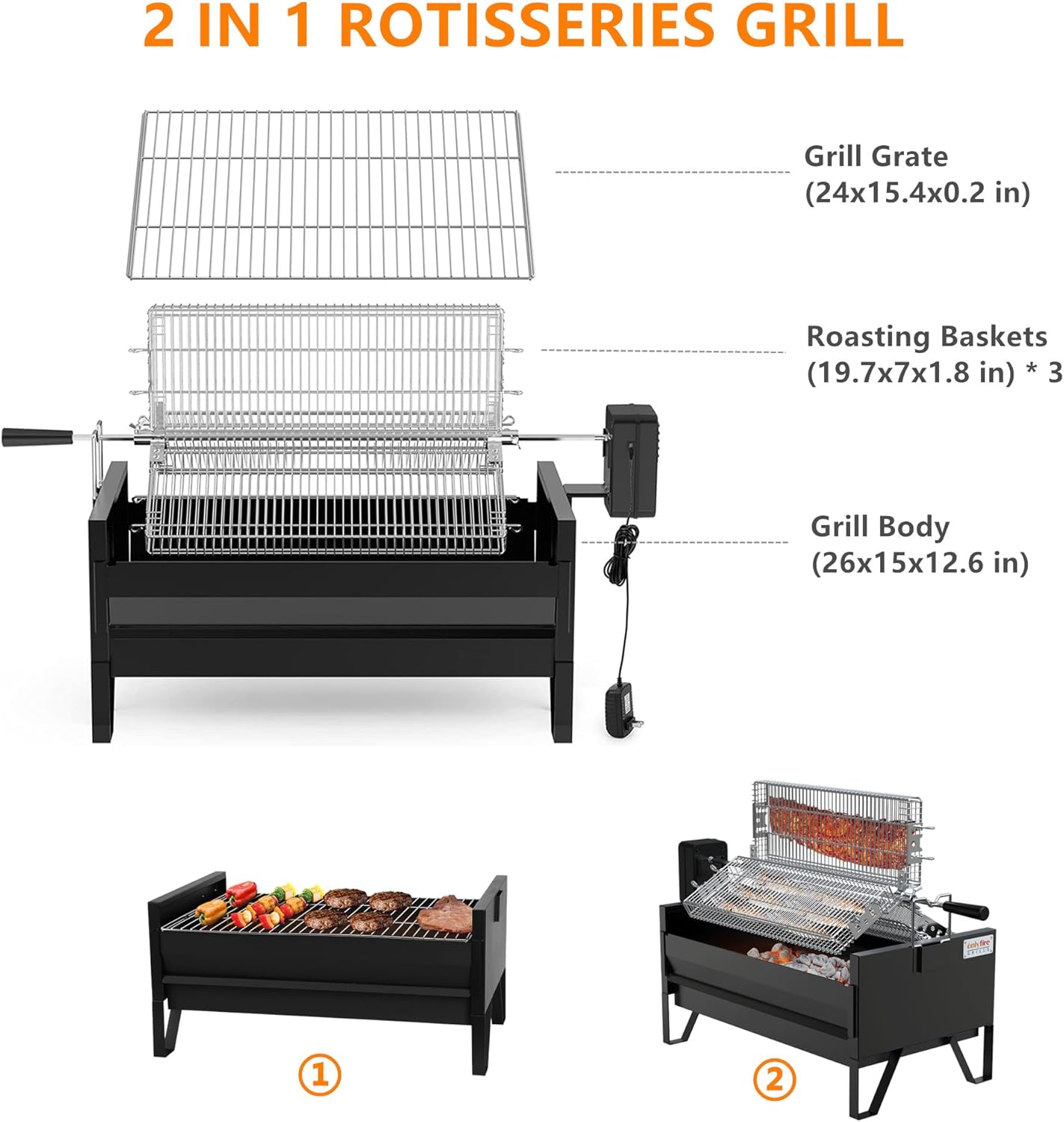2 IN 1 Charcoal Grill Rotisserie Kit with 3 Stainless Steel Rotating Baskets and 24 In Grill Grate P712961