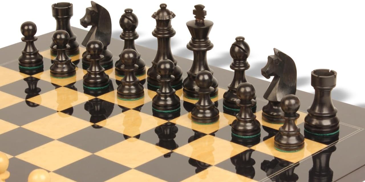 Ebonized & Boxwood Chess Set with Black & Ash Burl Chess Board - 3.75" King F483