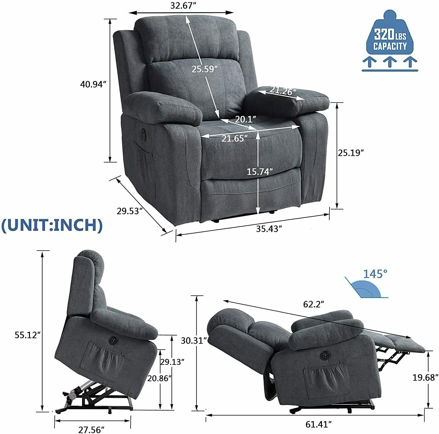 Grey Linen Electric Power Lift Recliner Sofa with Remote Control J852853