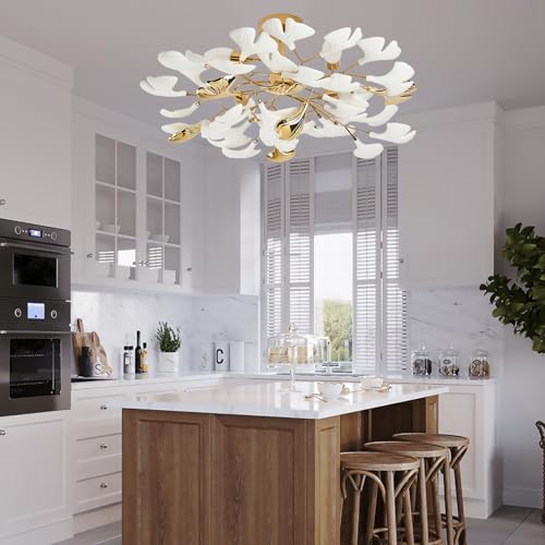 Gold Ceramic Ginkgo Leaf Semi Flush Mount Ceiling Light Fixture, 24" C5740