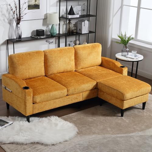 Pink Convertible Sectional Sofa Couch, 3-Seater Modular Sofas with Storage Ottoman, Chenille Fabric L Shaped Sectional Couches C8351