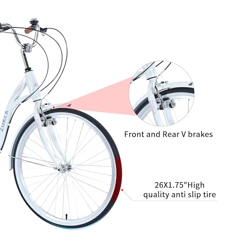 26 Inch Beach Cruiser Bike with 7 Speed, Adjustable Seat, Anti-Skid Tires, Front and Rear V-Brakes Q364312