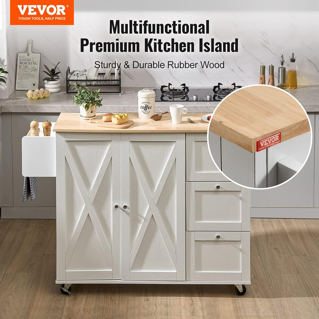 White Solid Wood Top Kitchen Island Cart with Storage Cabinet and Drop Leaf S871
