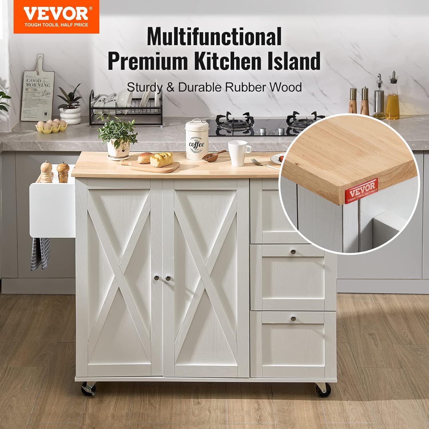White Solid Wood Top Kitchen Island Cart with Storage Cabinet and Drop Leaf S871