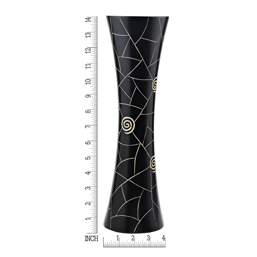 Black Golden Geometric Etch Natural Mango Tree Wood Concaving Vase X160239