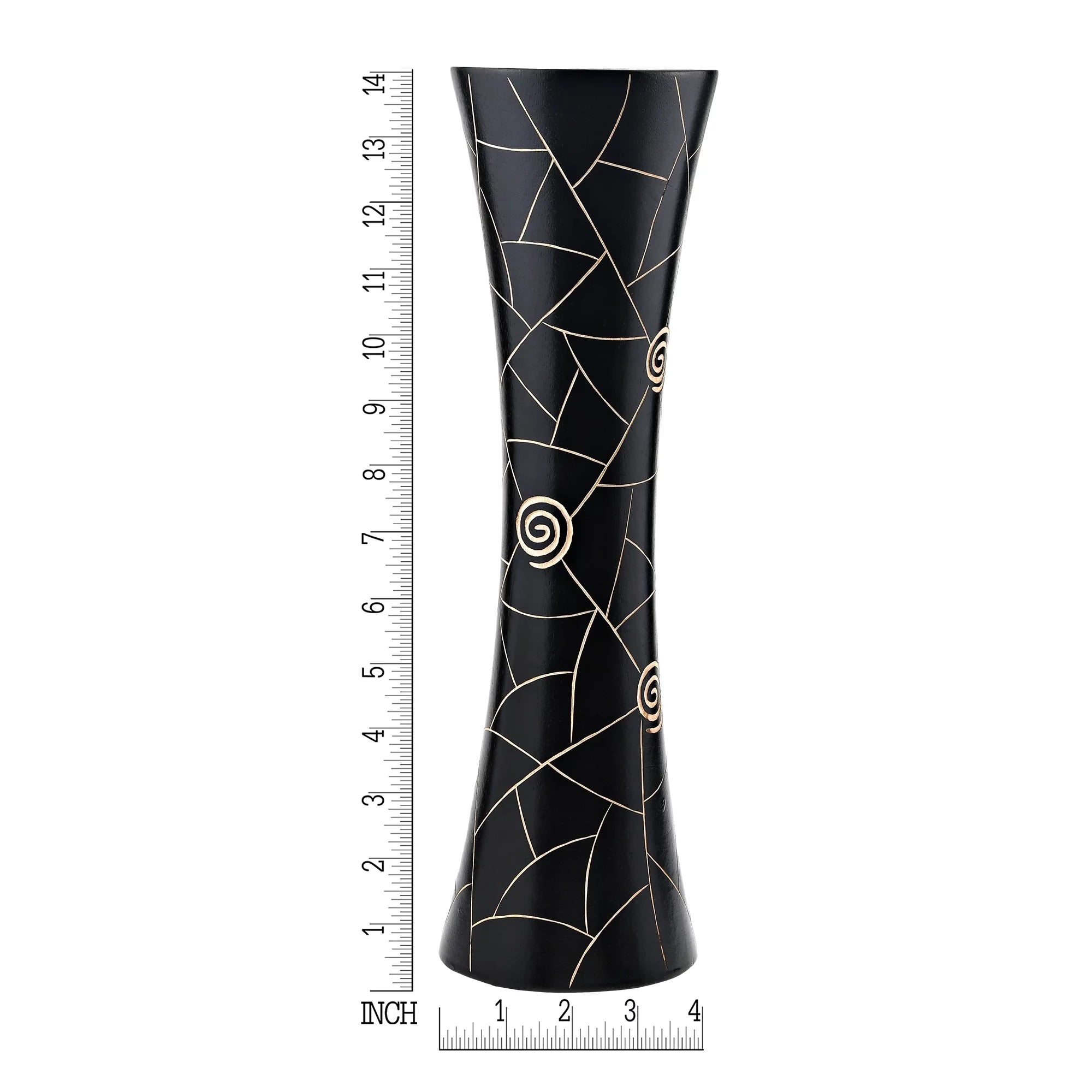 Black Golden Geometric Etch Natural Mango Tree Wood Concaving Vase X160239