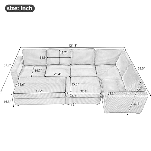 Gray Corduroy Modular Sofa with Two Ottomans J514554