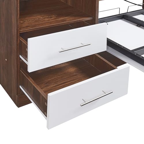 Queen Size White Murphy Bed with Built-in Dual Power/USB Port and Removable Shelves G2999