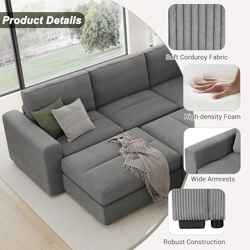 Gray Corduroy Modular Sofa with Two Ottomans J514554
