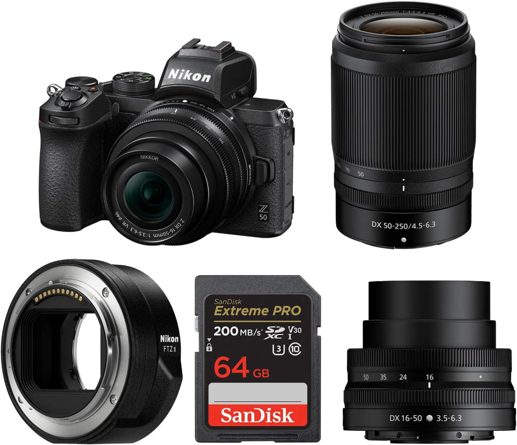 Mirrorless Camera Bundle with 16-50mm Lens, 50-250mm Lens, Mount Adapter and 64GB Memory Card (5 Items) U6106