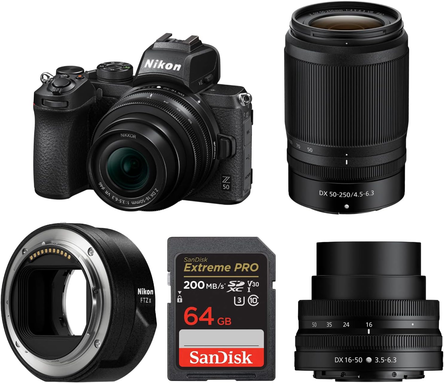 Mirrorless Camera Bundle with 16-50mm Lens, 50-250mm Lens, Mount Adapter and 64GB Memory Card (5 Items) U6106