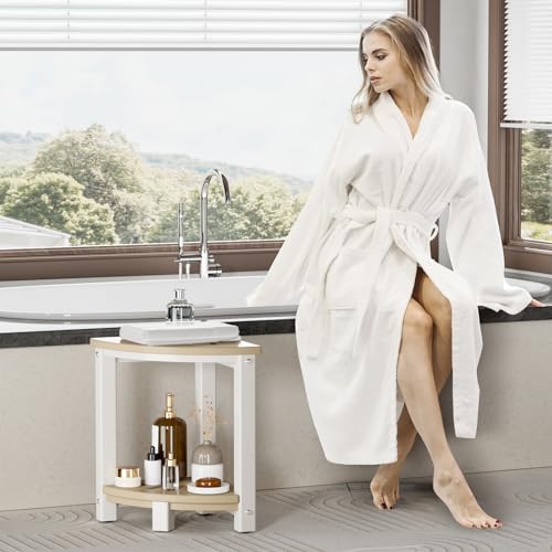 White HDPE Corner Shower Stool with Storage Shelf H29917