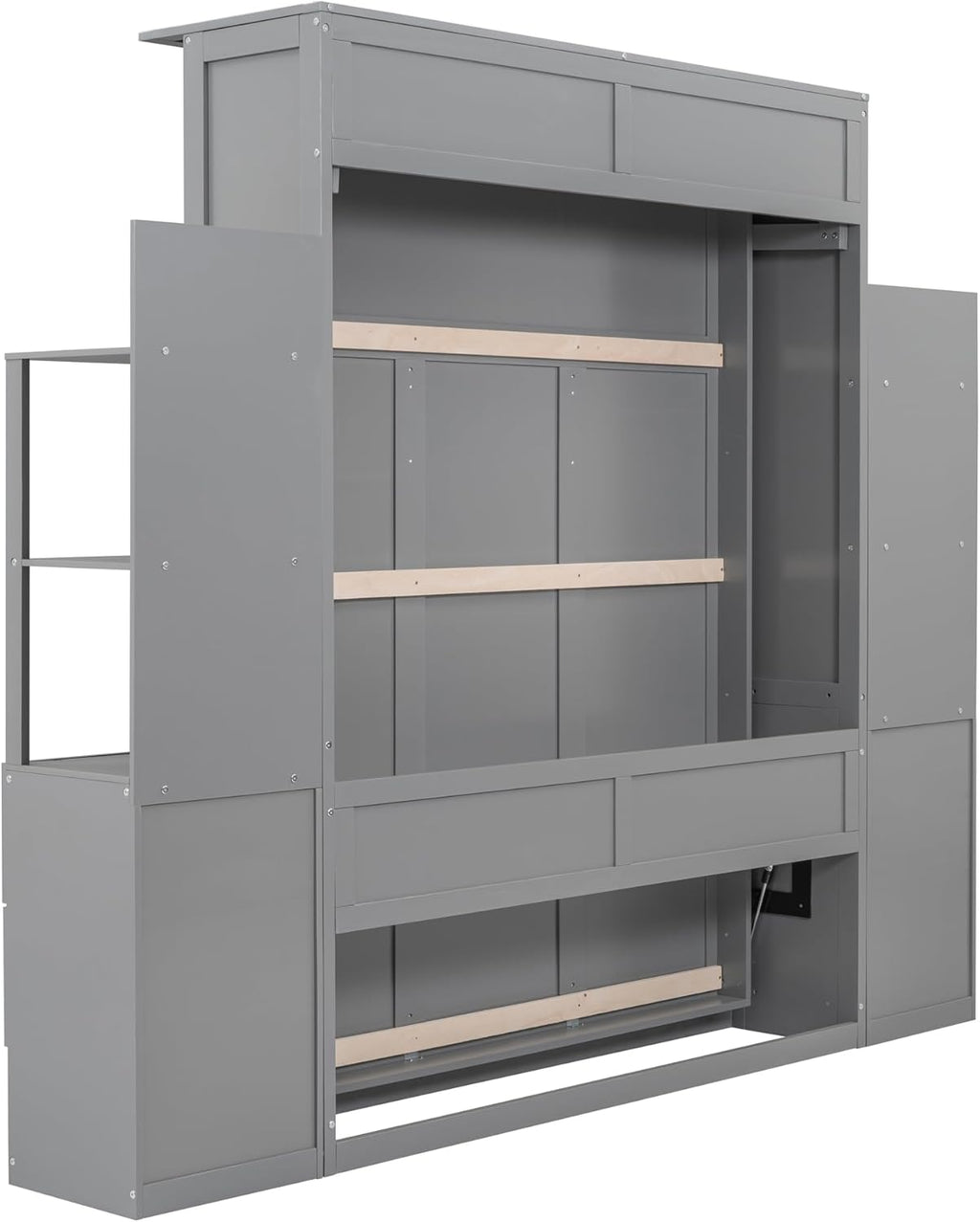 Queen Size Murphy Bed with Double Drawers and Open Storage Shelves, Grey A206