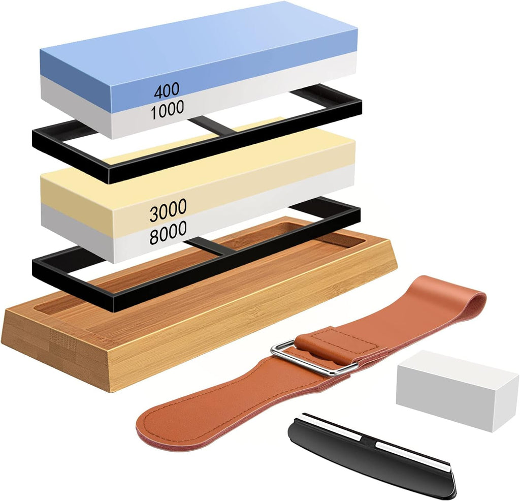 4 Side Grit 400/1000 3000/8000 Whetstone Set with Bamboo Base H18738